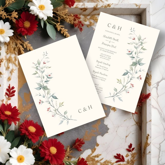 Convites Sophisticated Chic Wildflowers & Green Shades  (Sophisticated Chic Wildflowers Garland Green Shades & Dark Red Wedding Invitations Cards. )