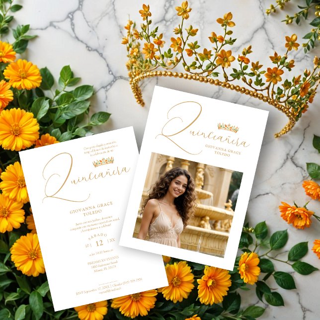 Convites Sophisticated Colorful Tiara & Elegant Script (Sophisticated Colorful Princess Tiara & Elegant Script Photo Quinceañera Invitations Cards.)