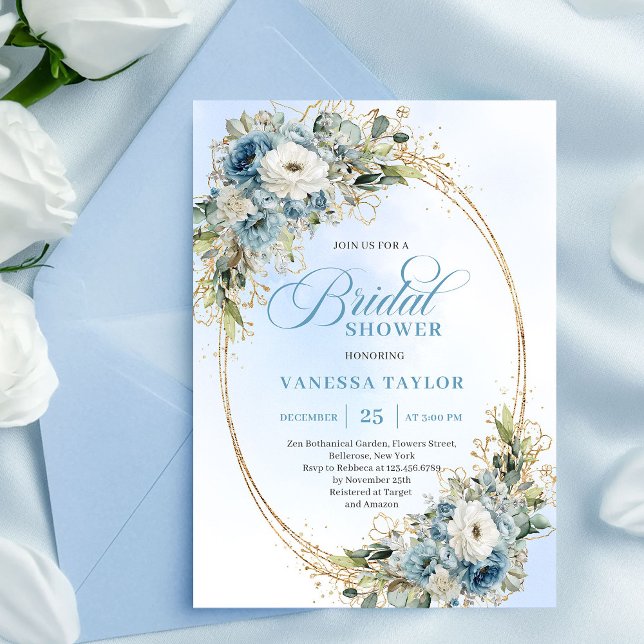Convites Sophisticated Dusty Blue Flowers Bridal Shower   (Sophisticated Dusty Blue Flowers Bridal Shower Invite)