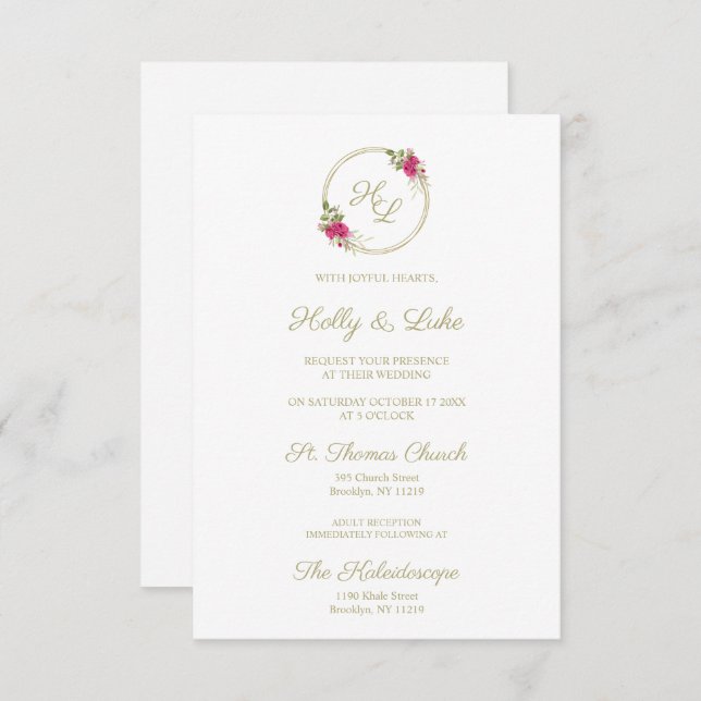 Convites Sophisticated Elegant Pink Floral Wedding Wreath (Frente/Verso)