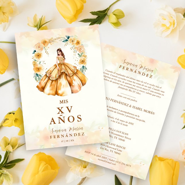 Convites Sophisticated Floral Garland Spanish Photo Mis XV (Sophisticated Gown Illustration Floral Garland Spanish Mis XV in Yellow Shades Invitation.)
