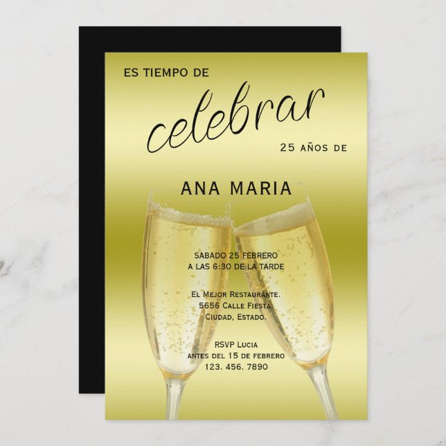 Convites Sophisticated Gold Spanish Feminine Birthday  (Frente/Verso)