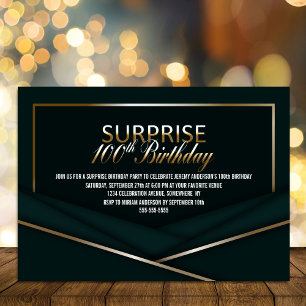 Convites Sophisticated Green Dourado 100th Surprise Birthda