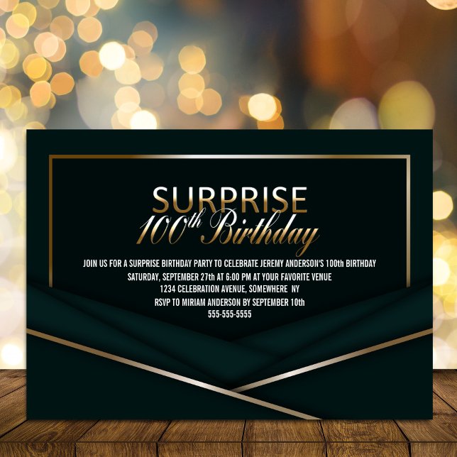 Convites Sophisticated Green Dourado 100th Surprise Birthda (Criador carregado)