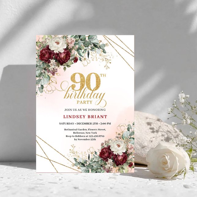Convites Sophisticated Maroon Flowers Gold 90th Birthday  (Sophisticated Maroon Flowers Gold 90th Birthday Invite)