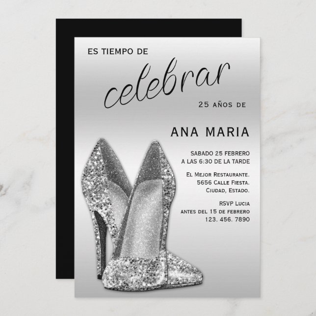 Convites Sophisticated Silver Spanish Feminine Birthday  (Frente/Verso)