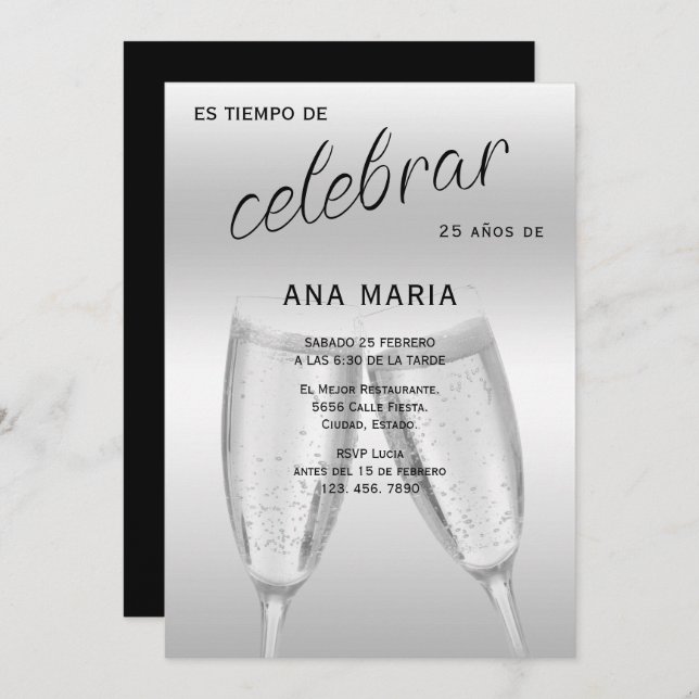 Convites Sophisticated Silver Spanish Feminine Birthday  (Frente/Verso)