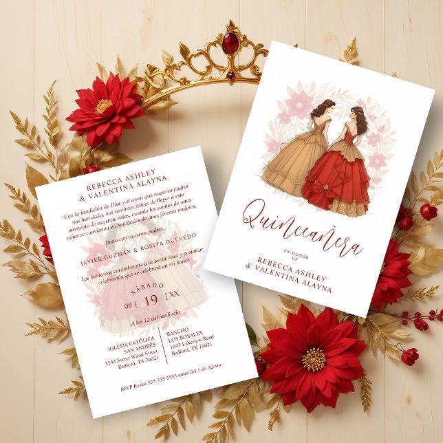 Convites Sophisticated Spanish Red & Gold Quinceañera Twins (Sophisticated Spanish Red & Gold Quinceañera Twins Invitations Cards.)