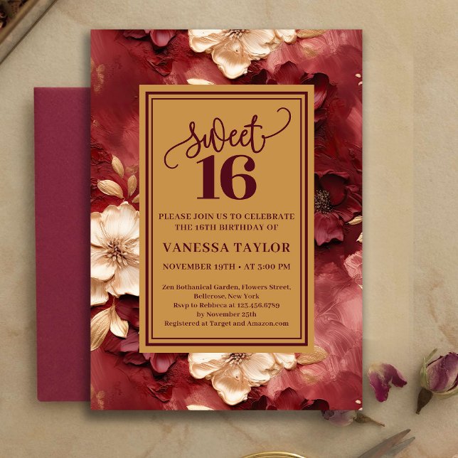 Convites Sophisticated Sweet 16 Burgundy Gold Floral Invite (Sophisticated Sweet 16 Burgundy Gold Floral Invite)