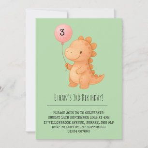 Convites Sorriso Dino Rosa Segurando Balão Aniversário