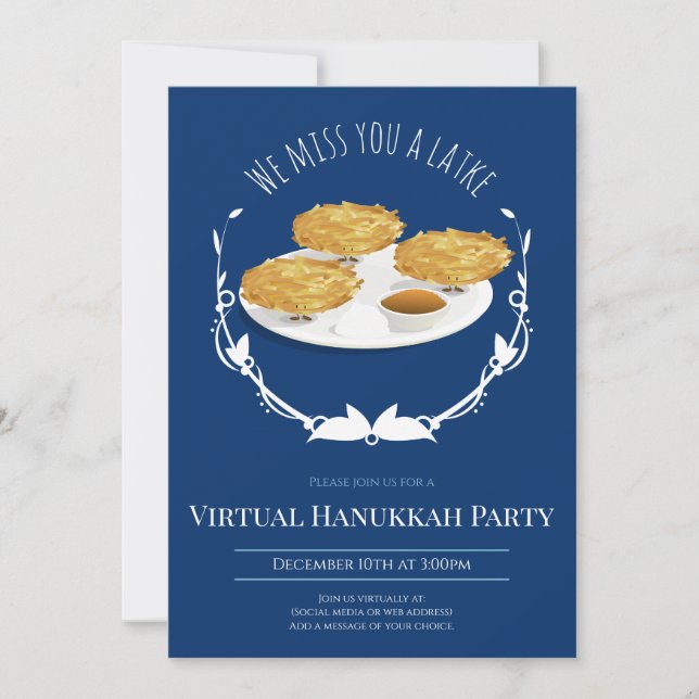 Convites Sorriso Latkes Blue White Virtual Hanukkah Party (Frente)
