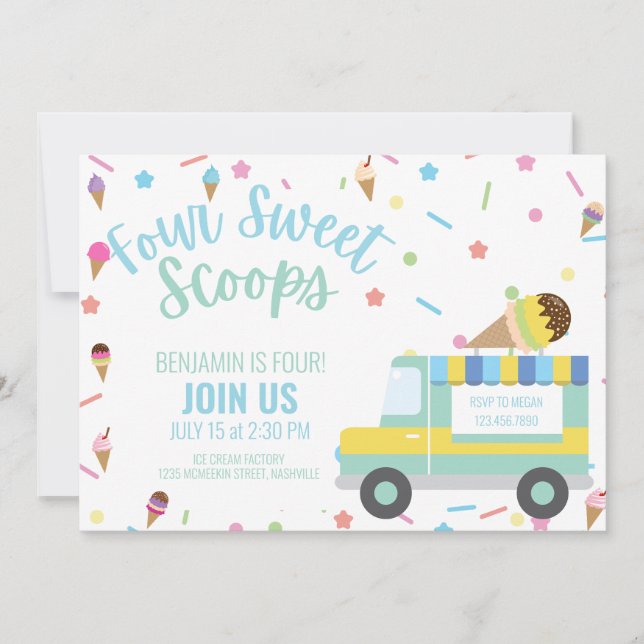 Convites Sorvete 4.o aniversário Gêmeos sibilantes (Frente)