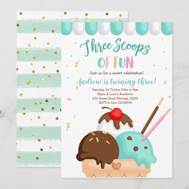 Convites Sorvete Azul e Casca Três Colheres de Diversão (Frente/Verso)