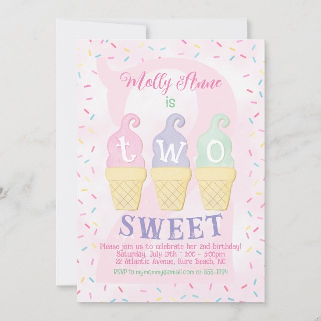 Convites Sorvete Cones Prprinkles Pastel segundo aniversári (Frente)
