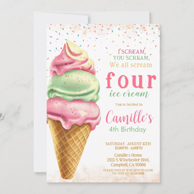 Convites Sorvete de Aniversário de qualquer idade (Frente)