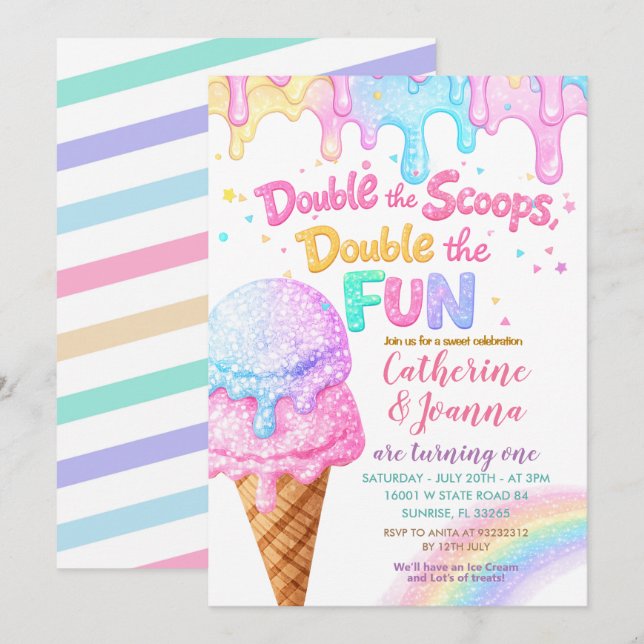 Convites Sorvete de Aniversário Double the Scoops com Brilh (Frente/Verso)