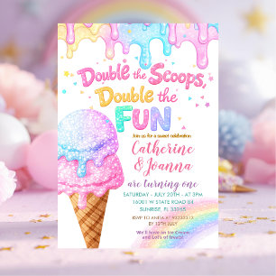 Convites Sorvete de Aniversário Double the Scoops com Brilh
