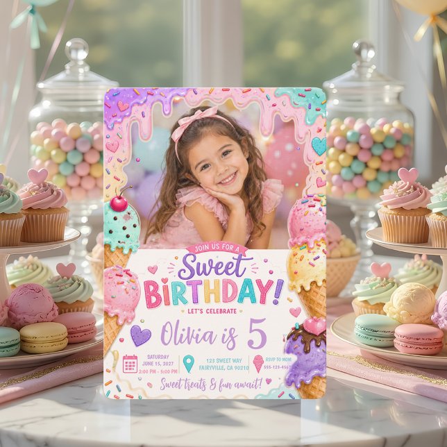 Convites Sorvete de Aniversário Foto Pastel Doce (Criador carregado)