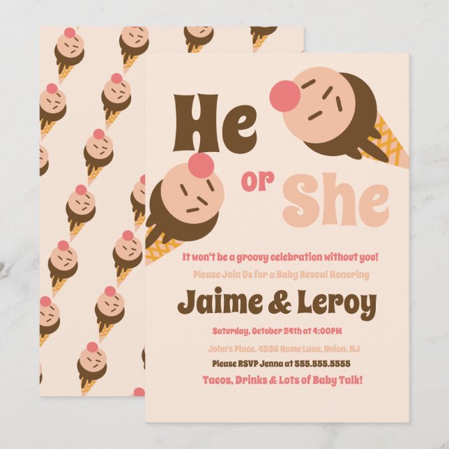 Convites Sorvete De Groovy Cones Gênero Revela Ele ou Ela (Frente/Verso)