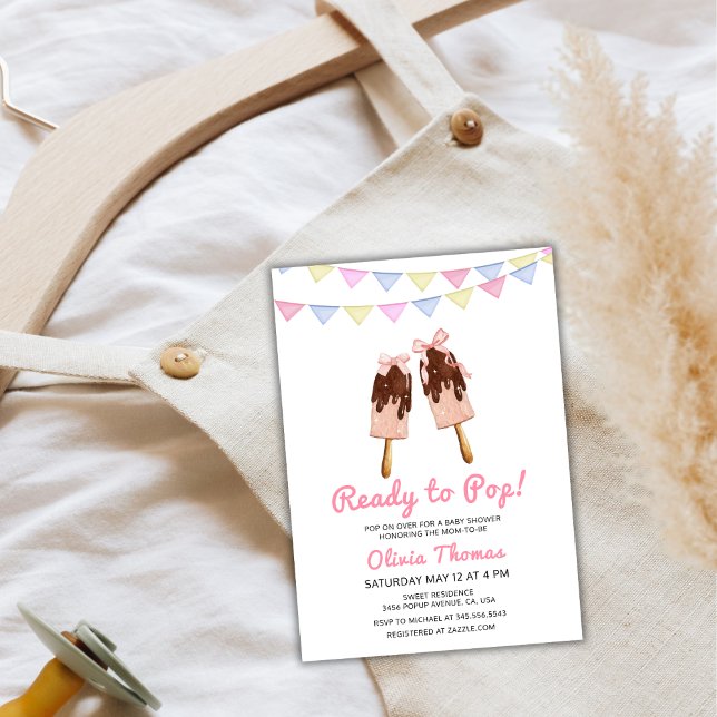 Convites Sorvete de Laço Rosa Pronto Para Nascer Festa de B (Pink Bow Ice Cream Ready To Pop Baby Shower Invitation)
