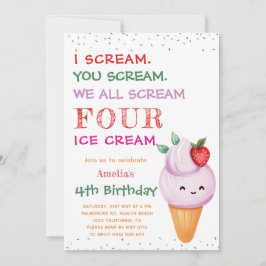 Convites Sorvete de morango Cone 4ª Festa de Aniversário