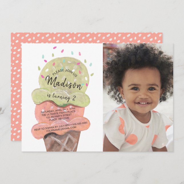 Convites Sorvete de Pêssego Moderno | FESTA DE ANIVERSÁRIO  (Frente/Verso)