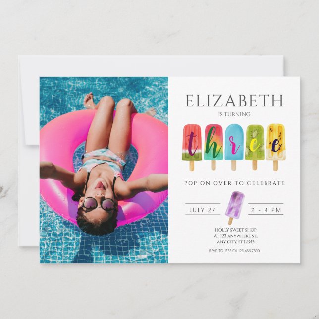 Convites Sorvete de picolé de aniversário de 3 anos de Verã (Frente)