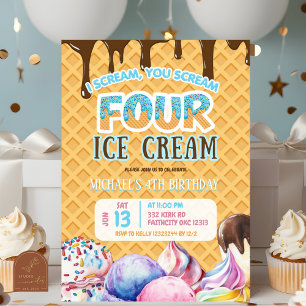 Convites Sorvete de Waffle de Chocolate 4º Aniversário