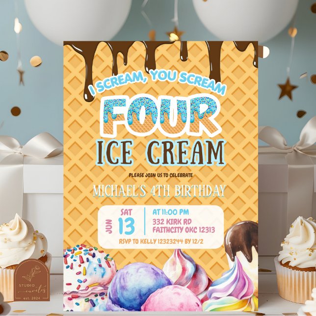 Convites Sorvete de Waffle de Chocolate 4º Aniversário (Criador carregado)