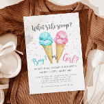 Convites Sorvete do Gênero<br><div class="desc">Sexo bonito e moderno revelam um cartão de convite de festas com ilustração aquosa do sorvete em cones de waffle em cor rosa e azul. O texto diz: "Qual é o furo? Menino ou Menina?" Perfeito para uma festa de gênero no verão.</div>