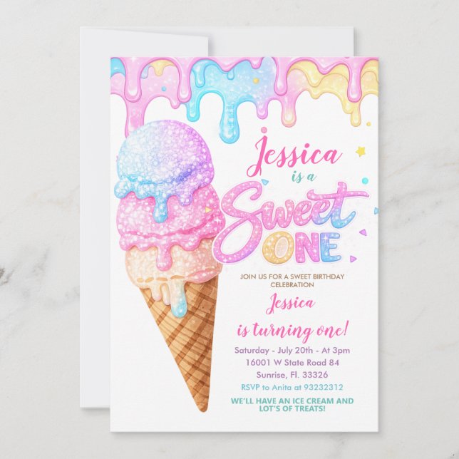 Convites Sorvete Doce Um Pastel Glitter Aniversário (Frente)