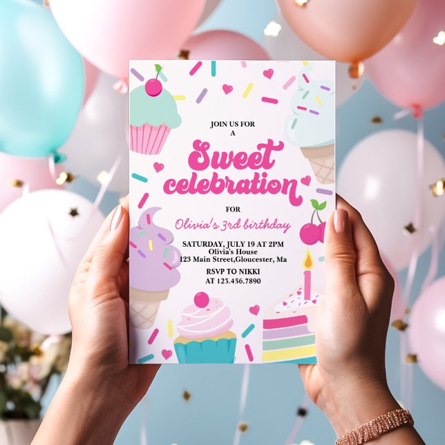 Convites Sorvete e Bolo Doce Celebração de Aniversário (Criador carregado)
