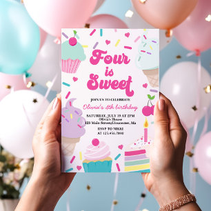 Convites Sorvete e Bolo Quatro é Doce 4º Aniversário