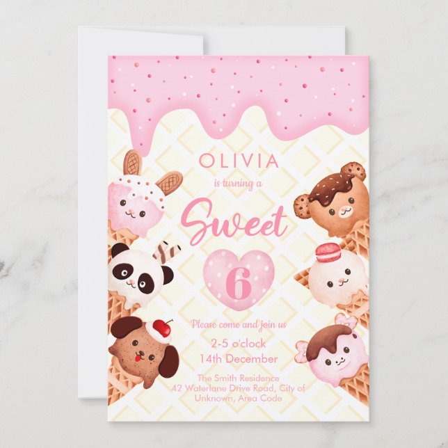 Convites Sorvete e doces Menina Rosa Aniversário (Frente)