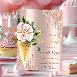Convites Sorvete Flor Rosa Dourado Doces Baby Shower