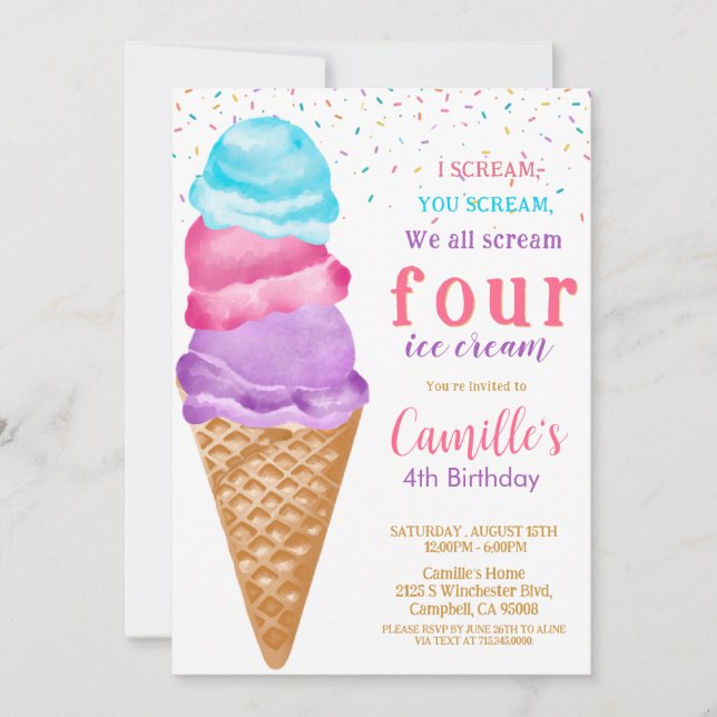 Convites Sorvete Fofo  Aniversário de qualquer idade (Frente)