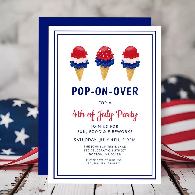 Convites Sorvete Fofo Vermelho, Branco E Azul 4 de Julho (Cute Ice Cream Red, White And Blue 4th of July Invitation)