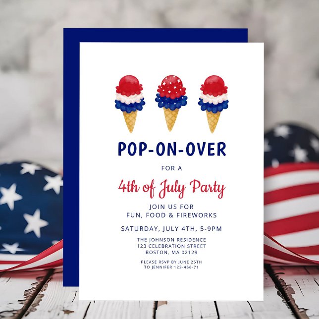 Convites Sorvete Fofo Vermelho, Branco E Azul 4 de Julho (Cute Ice Cream Red, White And Blue 4th of July Invitation)