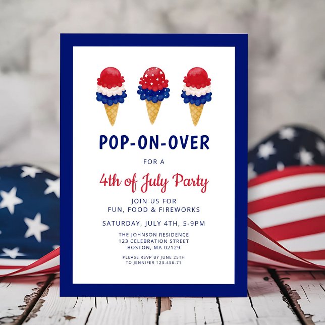 Convites Sorvete Fofo Vermelho, Branco E Azul 4 de Julho (Cute Ice Cream Red, White And Blue 4th of July Invitation)