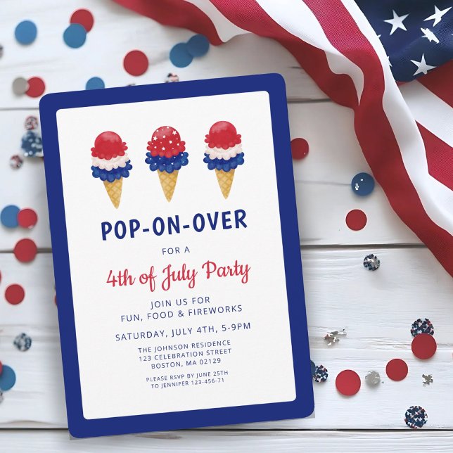 Convites Sorvete Fofo Vermelho, Branco E Azul 4 de Julho (Cute Ice Cream Red, White And Blue 4th of July Invitation)