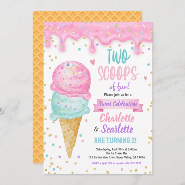 Convites Sorvete Gêmeas Festa de aniversário Rosa Púrpura (Frente/Verso)