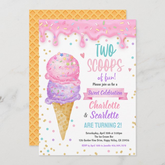 Convites Sorvete Gêmeas Festa de aniversário Rosa Púrpura (Frente/Verso)