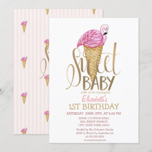 Convites Sorvete Legal Flamingo Rosa Listrado Aniversário