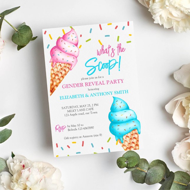 Convites Sorvete qual é a revelação do gênero da festa (what's the scoop ice cream gender reveal invitation template instant download ice cream sprinkles)
