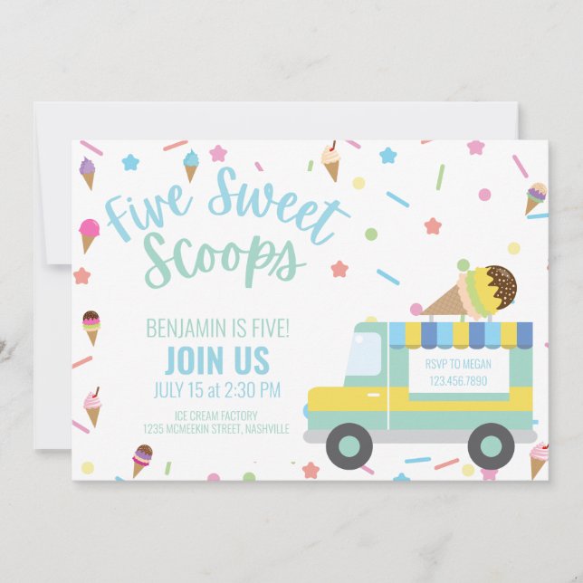 Convites Sorvete Quinto 5 Aniversário Gêmeos Irmãos (Frente)