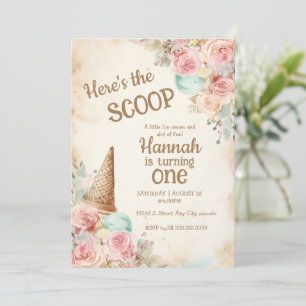 Convites Sorvete retrô, flores e casquinha de sorvete