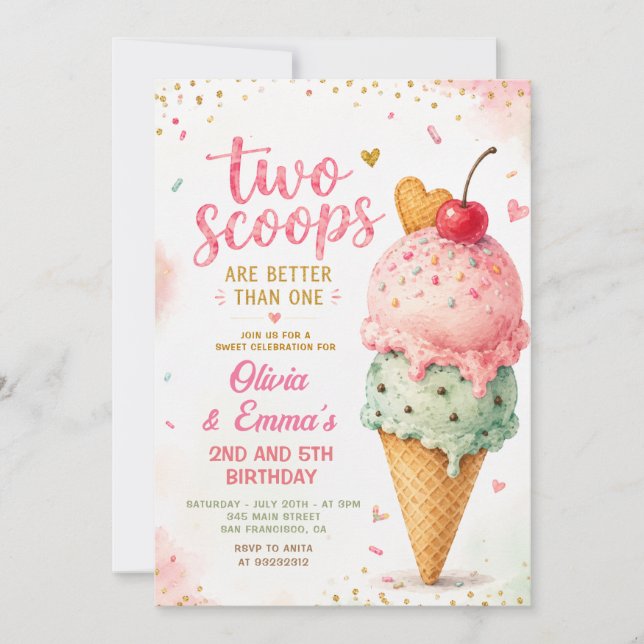 Convites Sorvete Rosa Duas Bolas Gêmeas Meninas Aniversário (Frente)