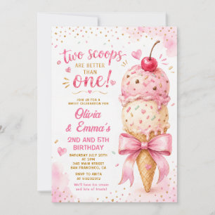 Convites Sorvete Rosa Duas Bolas Gêmeas Meninas Aniversário