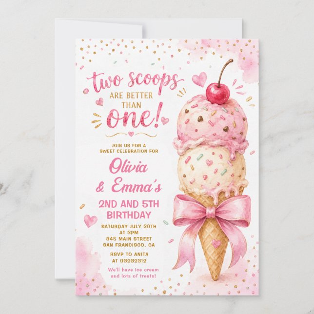 Convites Sorvete Rosa Duas Bolas Gêmeas Meninas Aniversário (Frente)