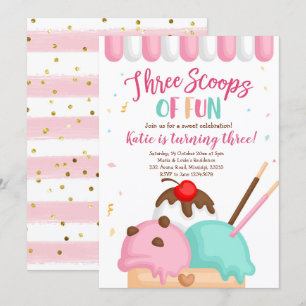 Convites Sorvete rosa três colheres de aniversário divert